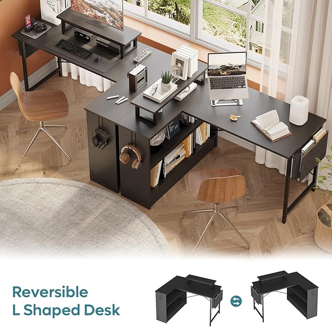 Bestier Small L Shaped Desk with LED Lights 42 Reversible Computer Desk with Open Storage Cabinet &amp Monitor Stand Corner Desk with Side Storage Bag for Home Office Bedroom Black