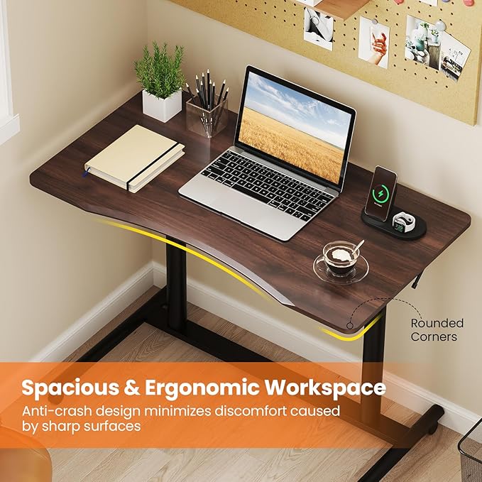 DORTALA Ergonomic Sit Stand Desk Adjustable Desk on Wheels Mobile Bedside Computer Desk w/Lockable Casters Sturdy Steel Frame for Living Room Bedroom Office Brown