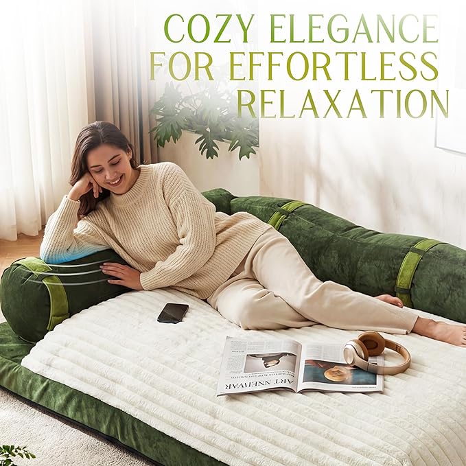 Floor Sofa Queen Sleeper Sofa Bed with Bamboo Backrest Velvet Upholstered Boneless Couch Floor Sofa Modular Futon Couch for Living Room Bedroom Lounge Green
