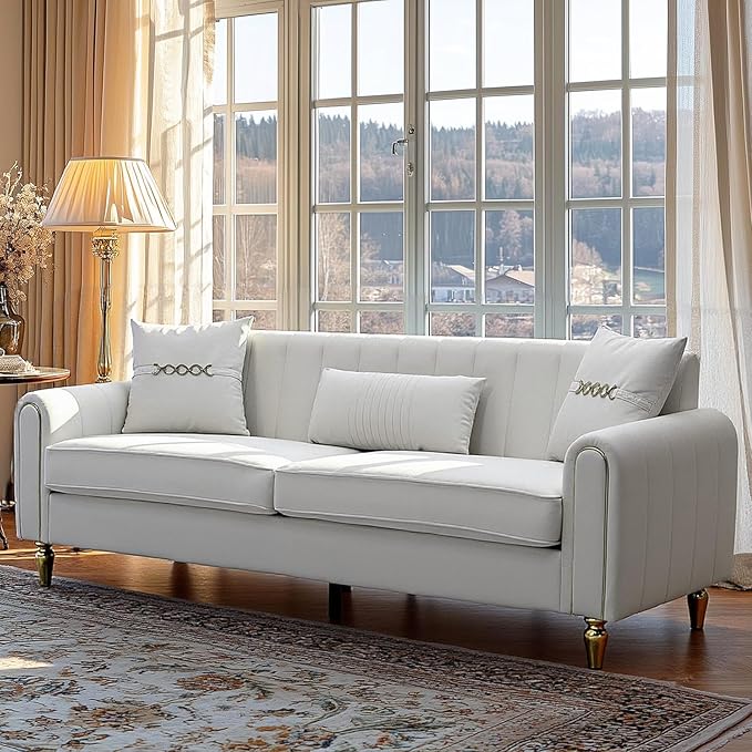 87.5 Modern 3-Seater Velvet Couch with Metal Legs &amp Decorative Pillows High Resilience Sponge Spring Seat Luxury Sectional Loveseat Sofa for Living Room Apartment Small Space Beige