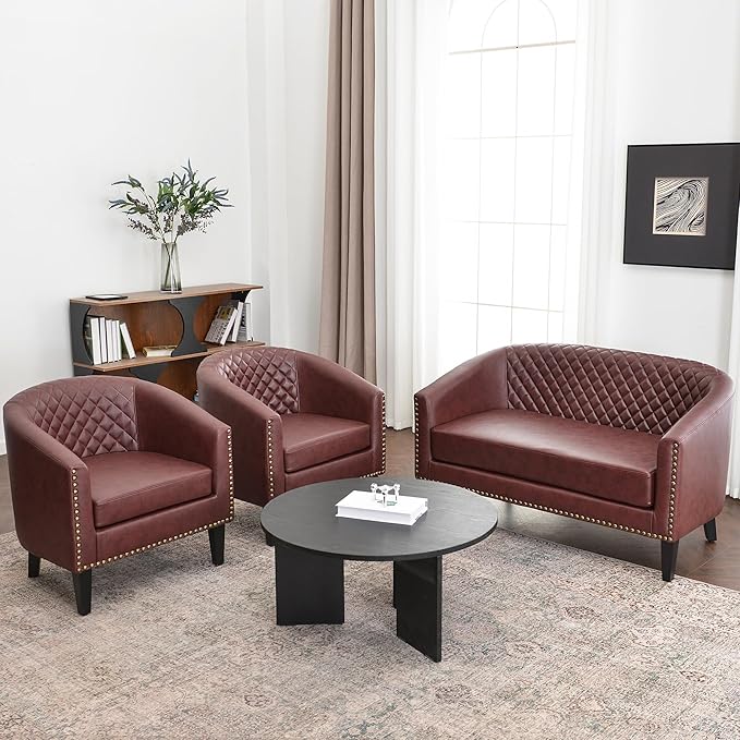 KINWELL 29 W Faux Leather Barrel Chairs Set of 2 Modern PU Upholstered Tufted Club Chairs with Nailhead Trim Small Armchairs Accent Chairs for Living Room Bedroom Apartment Lounge Nursery Red