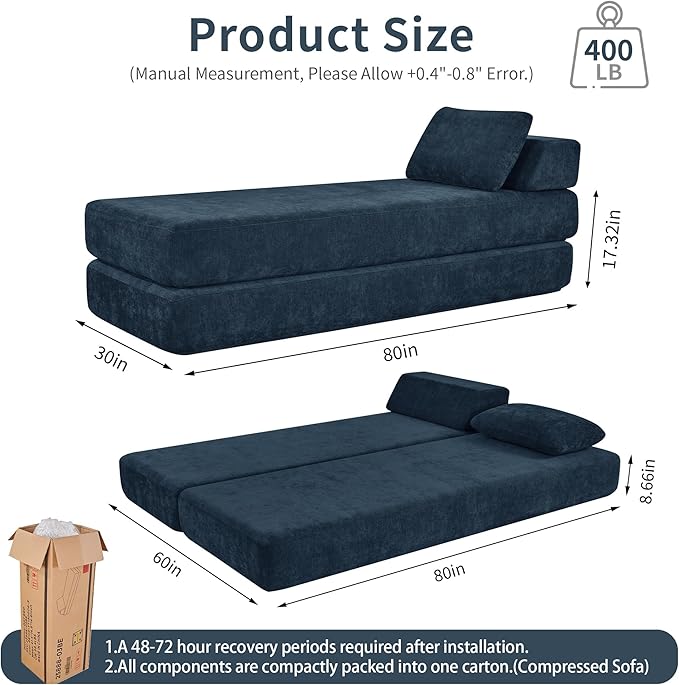 Convertible Chaise Lounge Chair Indoor Boneless Cloud Couch with 2 Pillows Sleeper Sofa for Living Room Bedroom Reading Nook- No Need Assembly (Navy Blue)