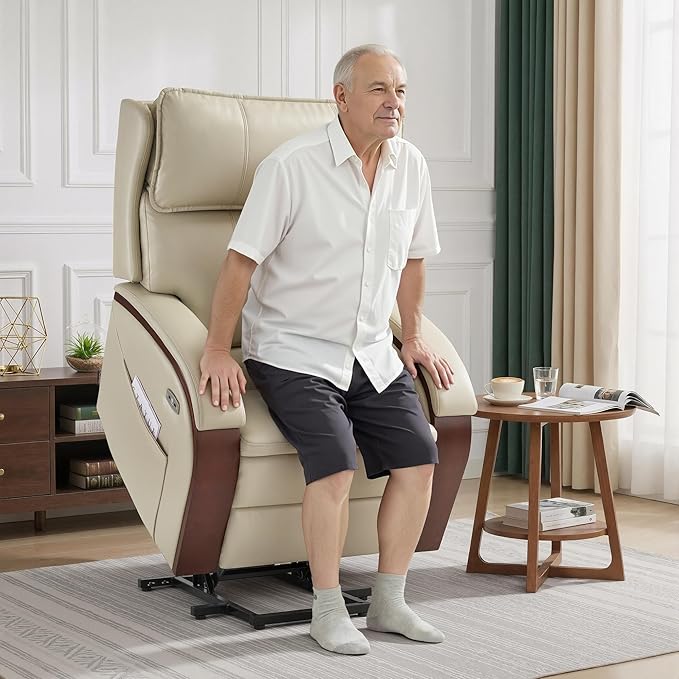 MCombo Power Lift Recliner Chair Sofa with Massage and Heat Adjustable Headrest for Elderly People Solid Wood Armrest USB Ports Side Pockets Faux Leather 7917 (Cream White Medium)