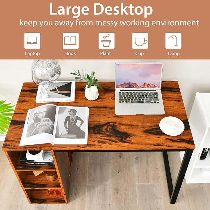 Computer Desk with Storage Writing Desk with 5 Open Shelves &amp Metal Frame Work Desk for Home Office Study Desk for Bedroom Small Desks for Small Spaces (Rustic Brown)