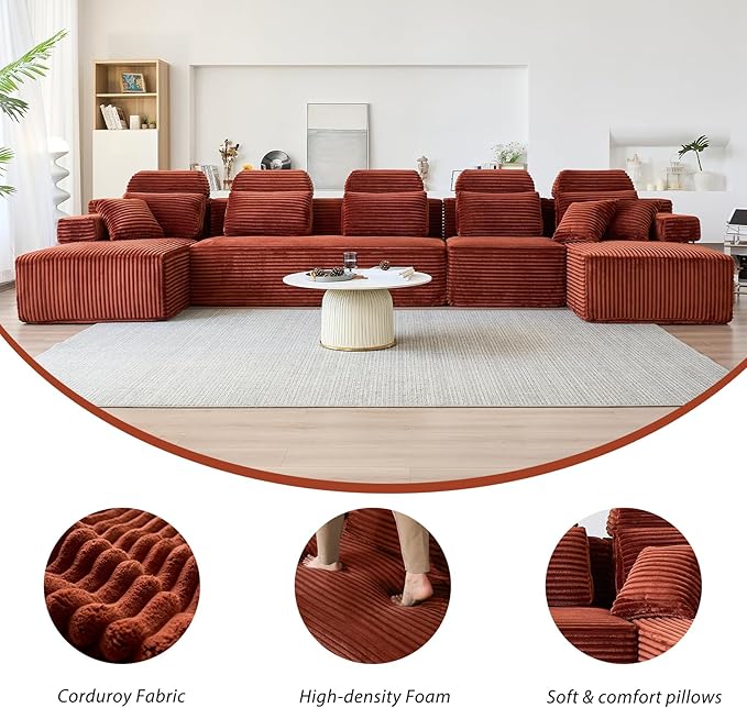171″ Cloud Modular Sectional Sofa U Shaped Boneless Couch with Reversible Chaise Sectional Couches for Living Room Corduroy Oversized Couch in a Box No Assembly Required Orange
