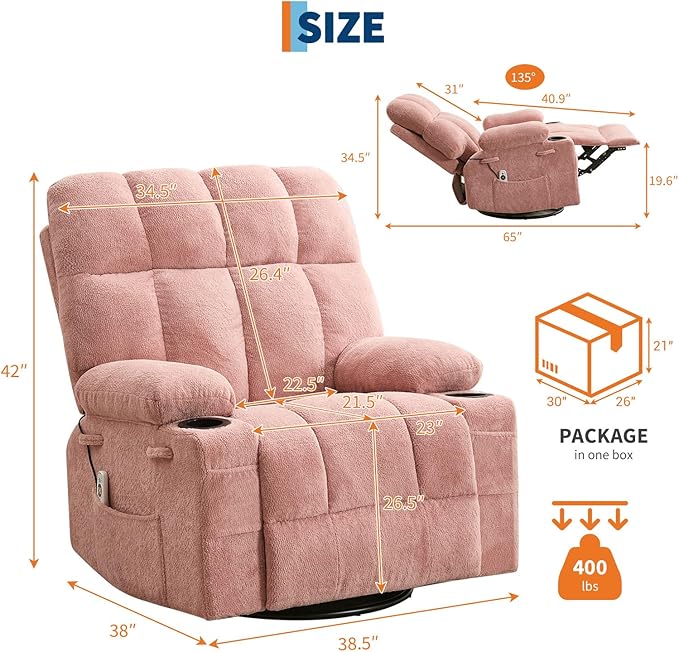 IDEALHOUSE Rocking Recliner Chair with Heat 38.5 Oversized Swivel Rocker Recliner with Massage Side Pockets &amp Cup Holders Reclining Sofa for Living Room Bedroom (Pink Linen)