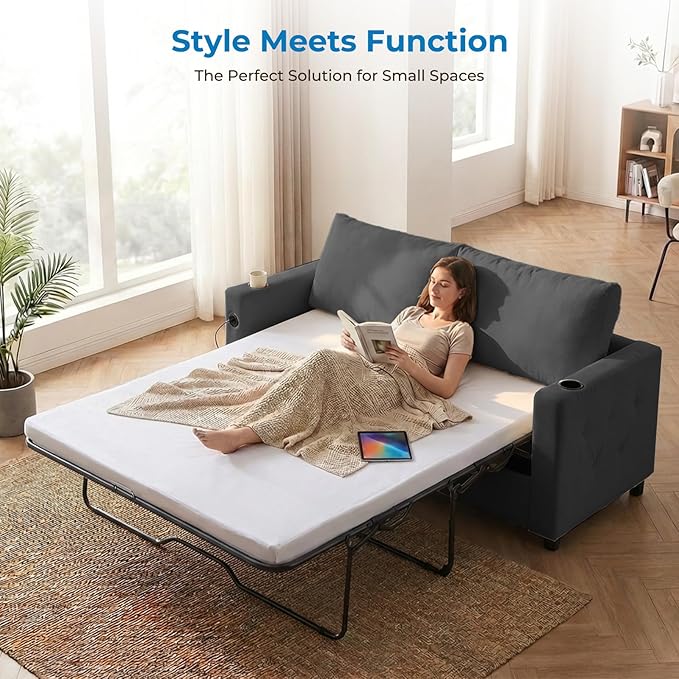 Mjkone 80 Queen Size Pull Out Sofa Bed Velvet 2-in-1 Convertible Sleeper Sofa Bed with Memory Foam Mattress Cup Holder USB Charging PortsGuest Couch Bed for Living Room Small Spaces - Grey