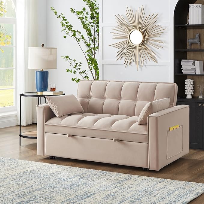 KEIKI Velvet Loveseat Convertible Sofa Bed Sleeper Chair with Adjustable Backrest Pillows &amp Storage Pockets 3 in 1 Pull-Out Couch Chaise Lounge Recliner for Living Room Balcony Bedroom Taupe
