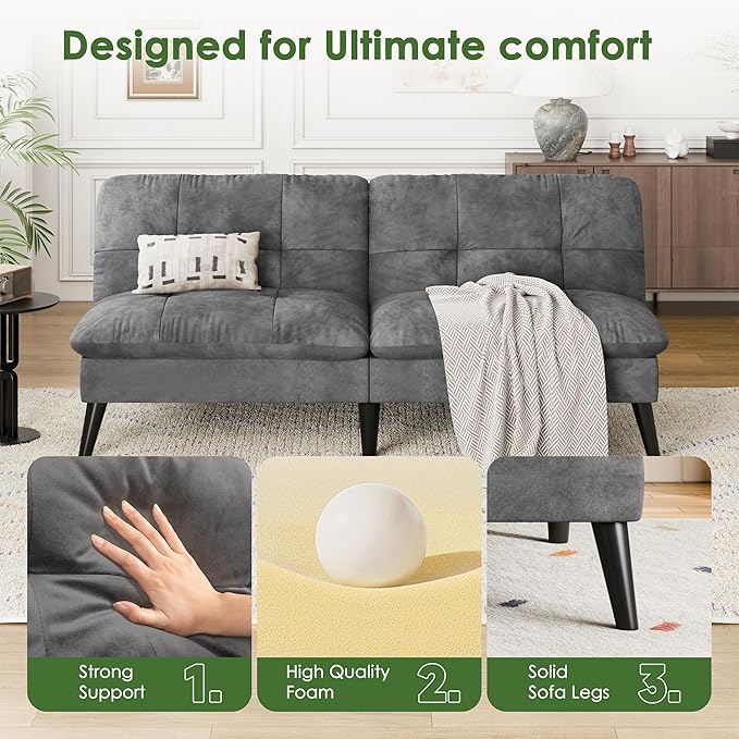 Vongrasig Futon Sofa Bed Velvet Futon Couch with Adjustable Backrest Small Convertible Folding Sleeper Sofa Bed Modern Loveseat for Living Room Bedroom and Small Space (Grey)