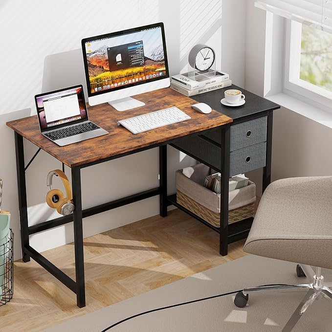 Tangkula 48-Inch Computer Desk with 2 Drawers Modern Home Office Desk with Hanging Hook &amp Storage Shelf Multipurpose Writing Desk for Study Bedroom (Rustic Brown 48)