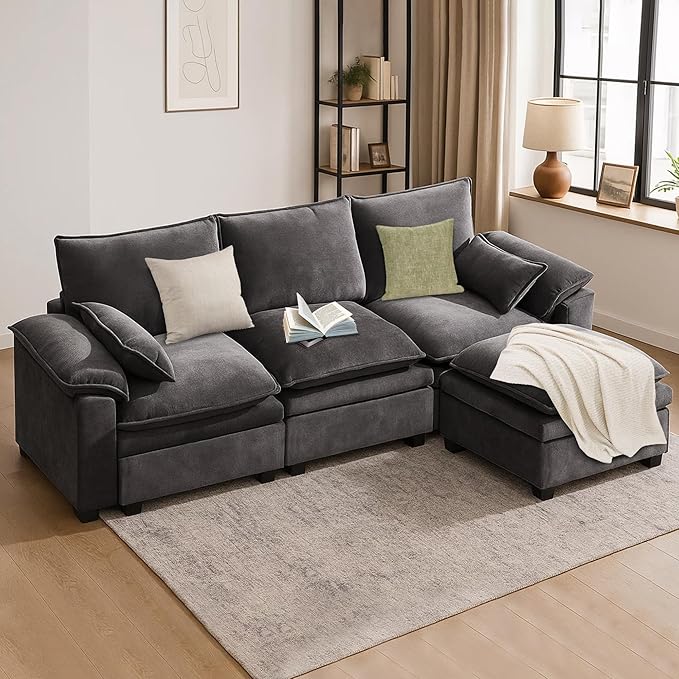 100 Modular Sectional Sofa L Shaped with Storage Chenille Cloud Couch for Small Spaces Living Room Apartment Comfy Deep Seat with Reversible Ottoman (4 Seats Grey)