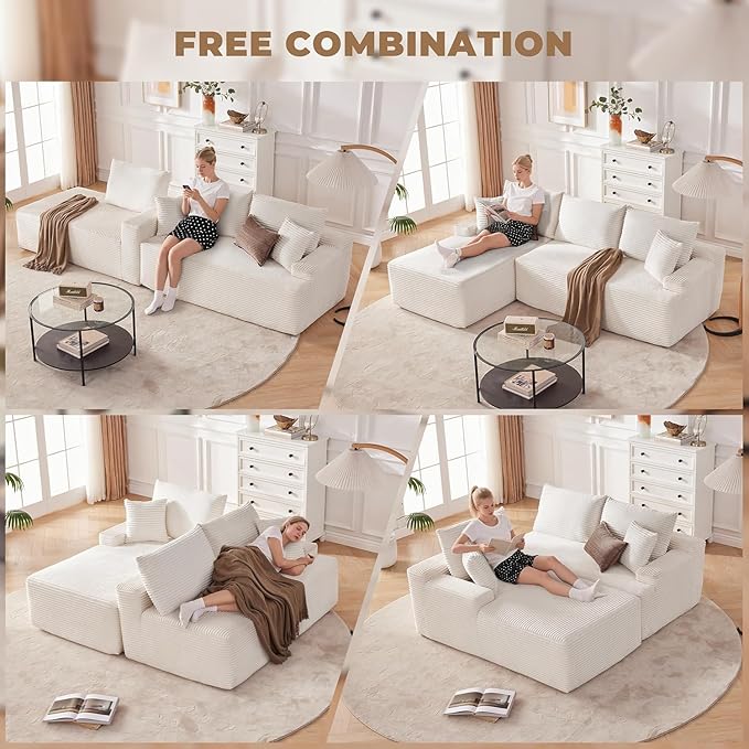 104'' Corduroy Boneless Couch for Living Room Modular Cloud Sectional Couches with Deep Seat Comfy Fluffy Sofas with L-Shaped ChaiseNo Assembly Required2PC Free Combination (White)