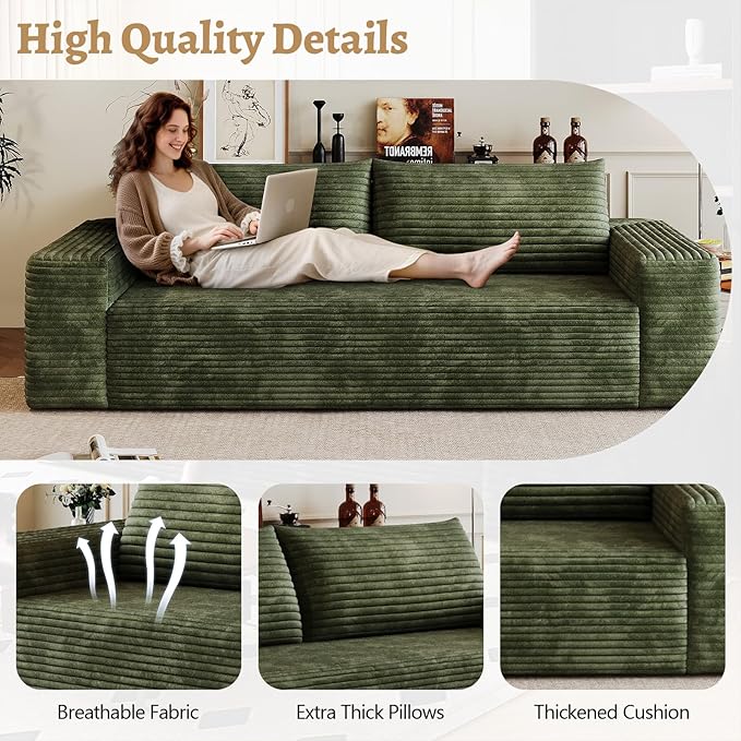 Boneless Sofa Compressed Sofa Couch in a Box Deep Seat Couch for Living Room Bedroom Conference Room Apartment Backrest Pillow No Assembly (Green 63)