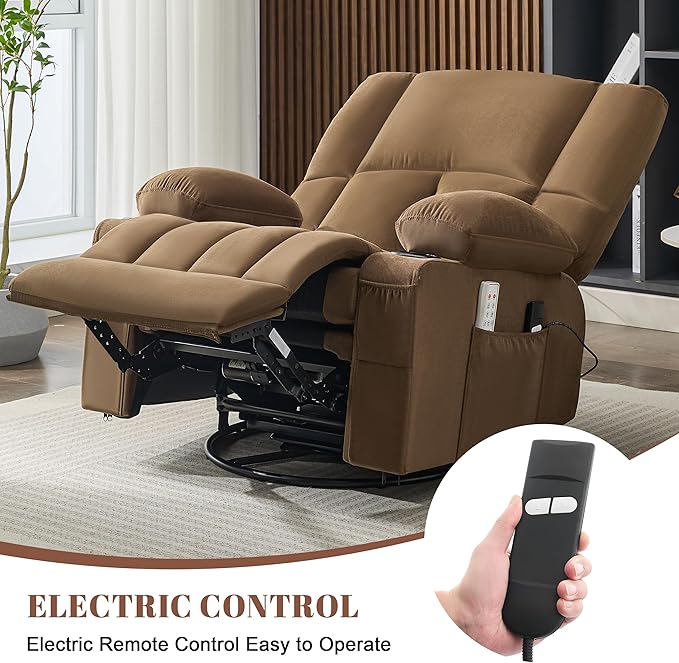 Oversized Recliner Chairs for Adults 270° Swivel Rocker Recliner with Heat and Massage Lazy Boy ReclinerRecliner Chairs Single Sofa Seat with Cup Holders (BrownElectric)