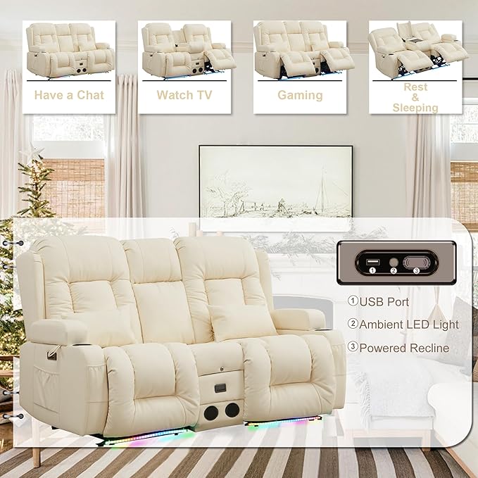 TUNYI Power Loveseat Recliner Sofa with Massage &amp Heat Home Theater Seating with Console RV Recliner Loveseat Sofa with USB/Storage/Side Pocket/LED Light/Speaker (Cream White Loveseat)
