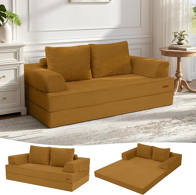 COMAX Convertible Sofa Bed Folding Floor Couch Corduroy Fold Out Couch Bed Futon Sleeper Mattress with Pillows Boneless Sofa Comfy Lounge Loveseat for Living Room Bedroom Yellow