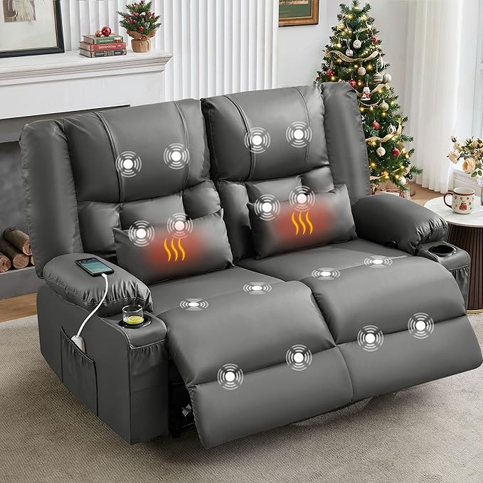 Grey Leather Reclining Loveseat with Massage/Heat/Pillow/USB/Cup Holders Oversized Loveseat Recliner for Living Room Manual Reclining Sofa for Adults 700 Lbs Capacity (Grey)