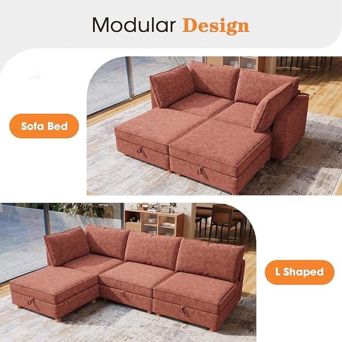 94 4 Seat Modular Sectional Sofa Removable Washable Couch Modular Sectional Sofa with Storage Solid Wood Frame L Shaped with Ottoman Couches for Living Room Office Apartment Brick Red