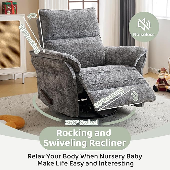 Oversized Rocking Chair Nursery with Adjustable Headrest 26 Extra Wide Glider Recliner Nursery Chair for Nursery 360° Swivel Rocker Recliner with Overstuffed Armrest Dark Grey