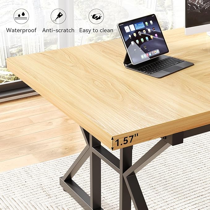 LITTLE TREE 70.8-Inch Large Executive Desk Modern Computer Office Desk Wooden Writing Desk Study Table for Home Office Light Walnut-Black