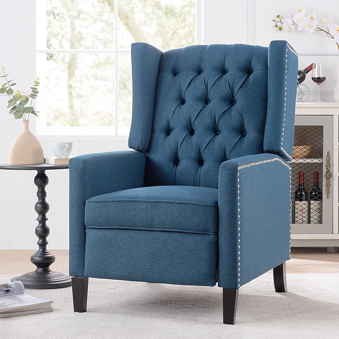 Fabric Wingback Recliner Chair for Adults Blue Accent Chair Living Room Upholstered Mid-Century Modern Recliner Tufted Armchair Reclining Reading Arm Chair 27 Wide