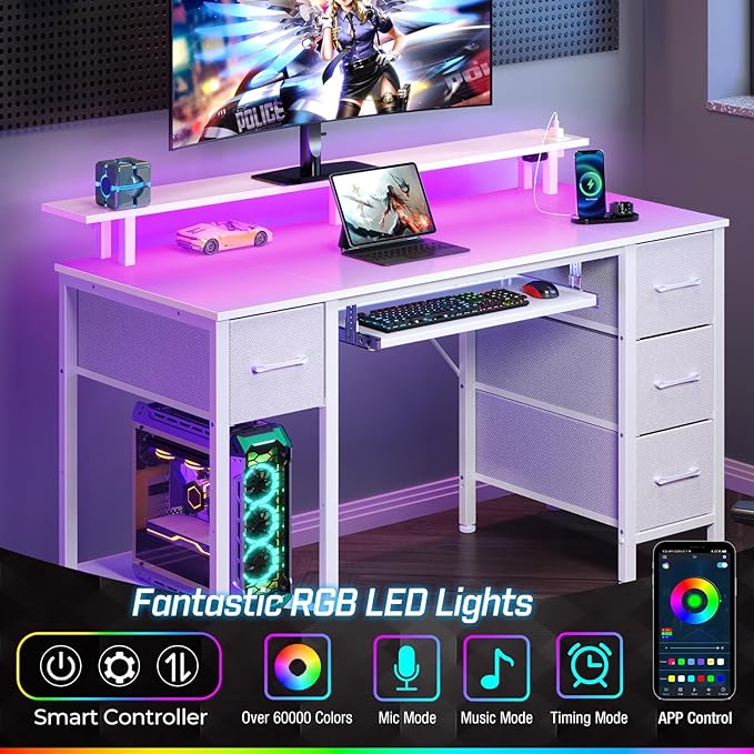 Seventable White Computer Desk with Drawers Gaming Desk with Keyboard Tray Office Desk with LED Lights &amp Power Outlets 47 inch Writing Desk with Monitor Stand for Small Space