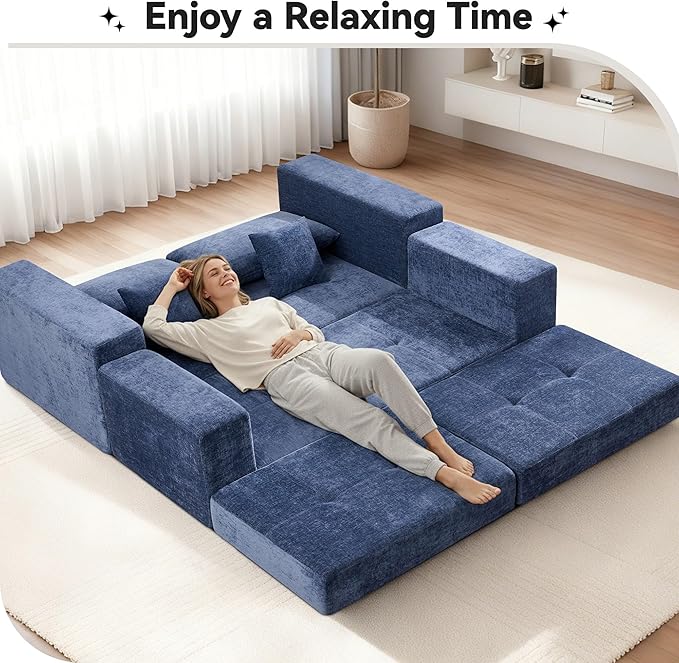 Boneless Sectional Loveseat Couch with Ottoman Convertible Tufted Button Modular Floor Sleeper Sofa Bed Comfy Foldable Compression Love Seat Sofa for Living Room No Assembly Blue