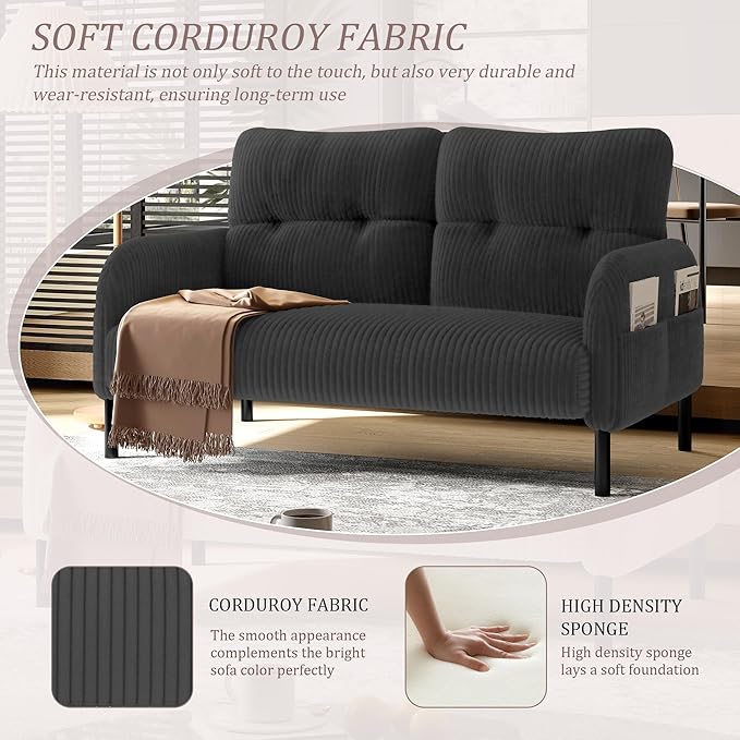 47'' Small Loveseat Sofa Comfy Corduroy Love Seat Couch for Small Spaces 2 Seater Sofa Office Couch with Solid Wood Legs for Living Room Bedroom Apartment (Gray)