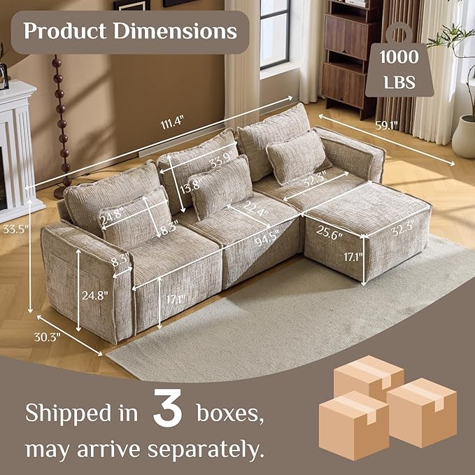 Karl home 110 Cloud Sectional Couches with Moveable Ottoman 3 Seat Boneless Modular Sofa Set L-Shape Convertible Couche with Chenille Upholstery for Living Room Apartment Studio Khaki