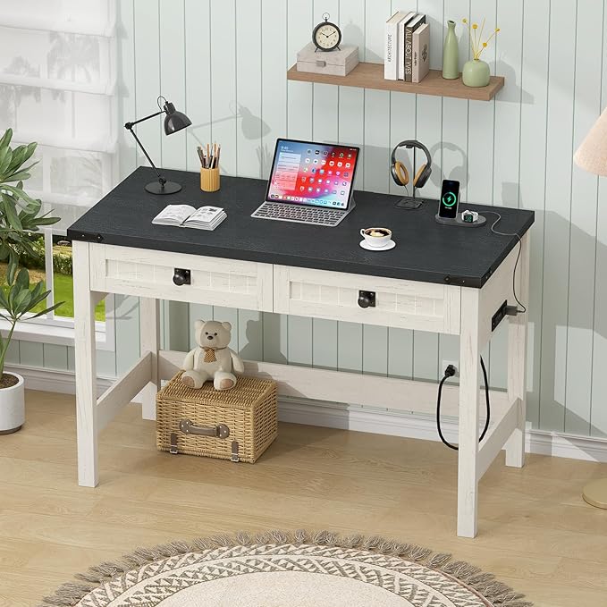 Farmhouse Computer Desk with 2 Drawers 39 Inch Small Office Computer Desk with Power Outlets Compact Writing Study Vanity Desk for Small Spaces Black and White