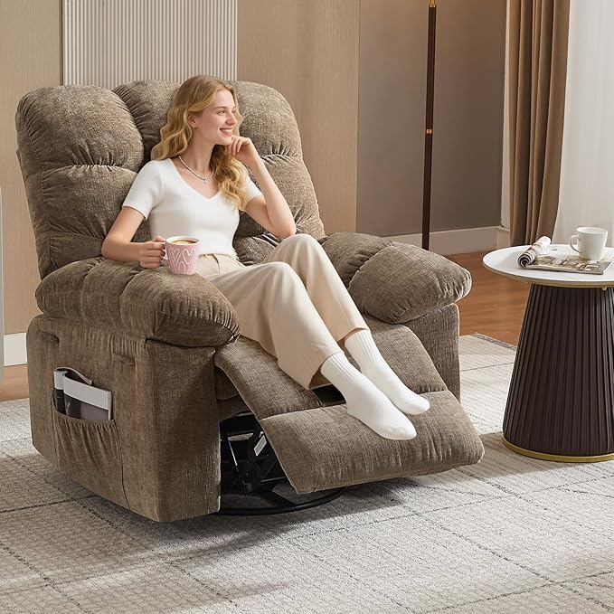 GarveeHome Rocker Recliner Chair with Vibration Massage and Heat 360° Swivel Recliner Sofa with Side Pocket Single Reclining Chair for Living Room and Bedroom Brown