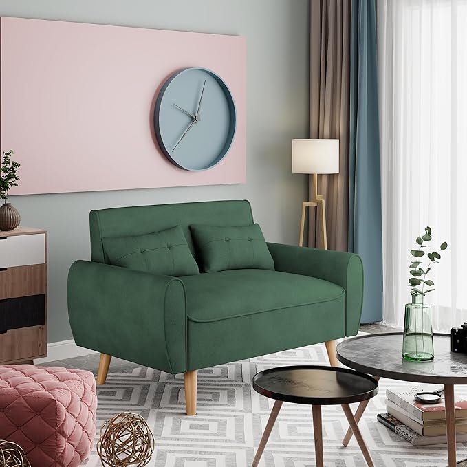 Vongrasig 47 Small Modern Loveseat Sofa Mid Century Linen Fabric 2-Seat Sofa Couch Tufted Love Seat with Back Cushions and Tapered Legs for Living Room Bedroom and Small Space (Green)