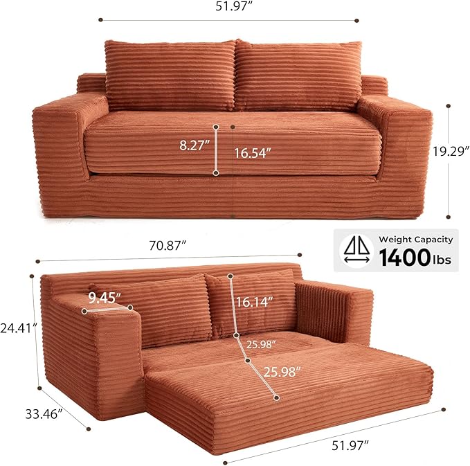 Black Cloud Couch 72 Chenille Loveseat Sofa 2-in-1 Floor Folding Sofa Bed Modern Comfy Sofa with 26 Deep Seat Soft Cushions for Living Room Apartment Office (Orange)