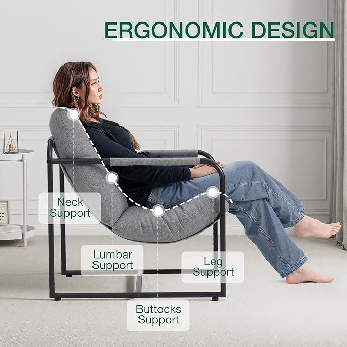 HOMMPA Sling Accent Chair Set of 2 Steel Frame Lounge Arm Chair Living Room Chair with Side Storage Pocket Reading Accent Chair Mid Century Modern Bedroom Chair Linen Fabric Cover Flax