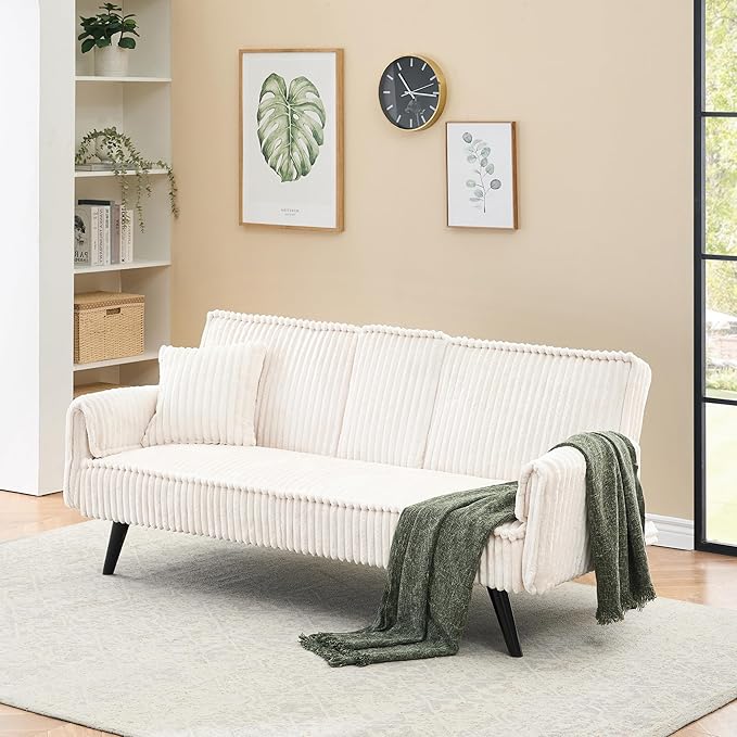 72 Modern Corduroy Sofa Bed FutonConvertible Sleeper Couch Bed with Cup Holder4 Reclining PositionsFolding Sofa Cloud Loveseat for Small Living Room Apartment Office (White)