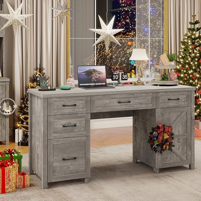 Farmhouse 61'' Executive Desk with 5 Drawers Rustic Office Desk Computer Desk with Charging Station File Drawers and Storage Cabinet Wood Workstation for Study and Home Office(Grey)