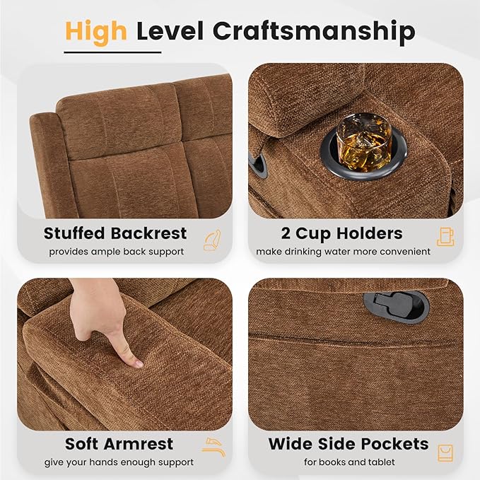 Loveseat Recliner Double Recliner Loveseat with Adjustable Footrest &amp Cup Holder Wall Hugger Recliner for Living Room &amp Home Theater &amp RV(Brown)