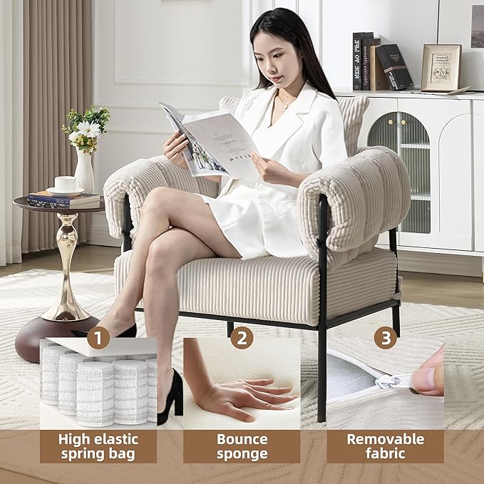 Modern Velvet Accent Chairs Set of 1 Comfy Large Living Room Sofa Chair Upholstered Fabric Armchair with Pillow and Metal Legs for Office/Bedroom/Reading Beige
