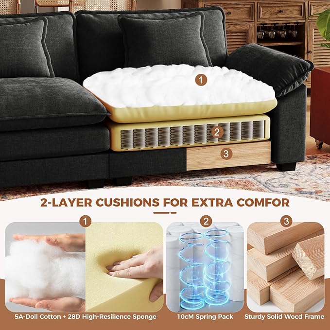 CDCASA 86 Modular Sectional Sofa Comfy Cloud Couch with 2 Movable Ottomans Oversized 4-Seater Chenille Deep Seat Sofa Bed for Living RoomBedroom Black