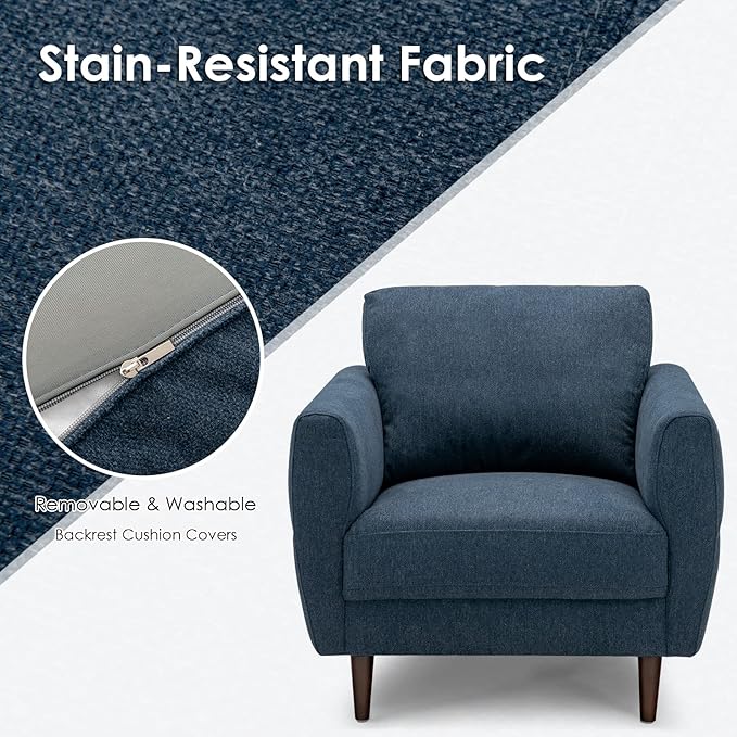 Giantex Sofa Chair Upholstered Mid-Century Modern Accent Chair with Solid Wood Frame for Living Room Small Spaces Bedroom Apartment Reception Room Blue