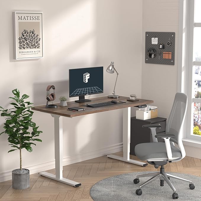 FLEXISPOT E6 3-Stage Dual Motor Electric Standing Desk 55 x 28 Sit Stand Up Desk Holds 220 lbs Adjustable Height w/Memory Presets One-Piece Brown Wood Grain Desktop &amp White Frame Ships in 2 Bo