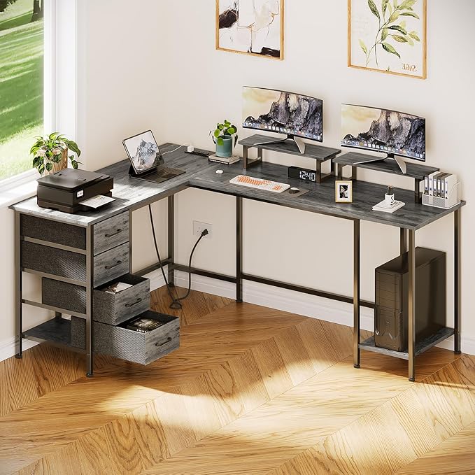 66 L Shaped Computer Desk 94.4'' Home Office Desk with Power Outlets 4 Adjustable Storage Drawers &amp 2 Monitor Stands Large Two Person Gaming Table for Writing Study Grey