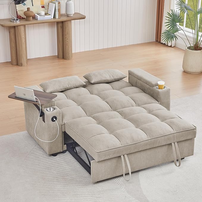 65 Cloud Couch Sleeper Sofa Bed with USB Charging Port &amp Side Pocket Chenille Fabric Pull-Out Sofa with Thick Cushions High Resilience Foam &amp Pillows for Living Room Apartment Small Space