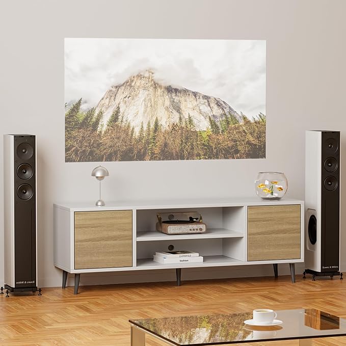 JUMMICO TV Stand for 65 Inch TV Mid Century Modern TV Stand Entertainment Center with Storage Cabinet and Open Shelves TV Console Table Media Cabinet for Living Room and Bedroom (White)
