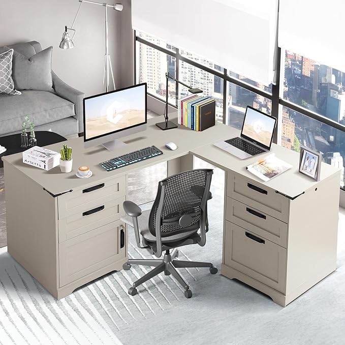 Grepatio 60 L Shaped Executive Desk with Drawers Farmhouse Corner Desk with USB Charging Station 2 Person Home Office Computer Writing Desks with Storage Key Lock Filing Cabinet (Grey)