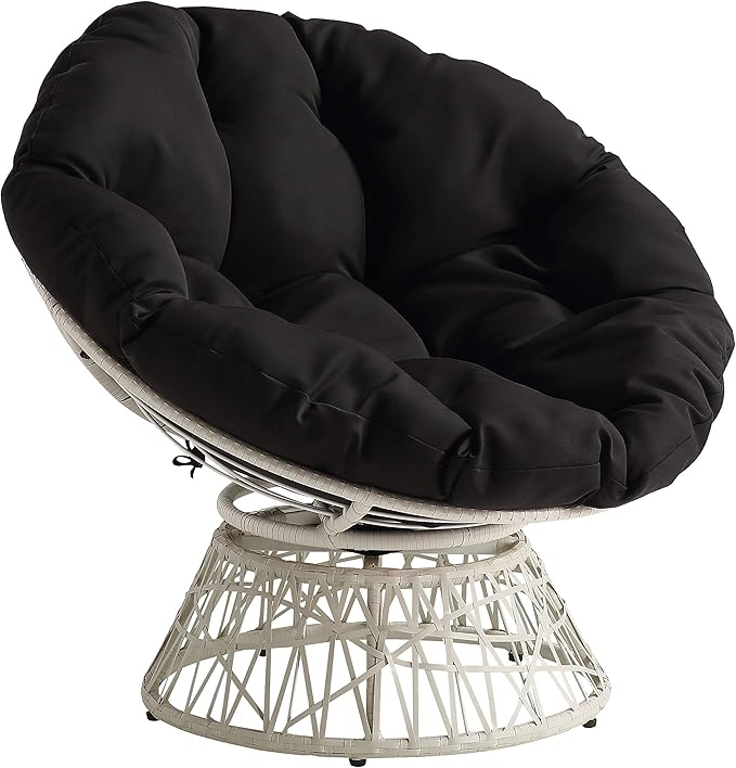 OSP Home Furnishings Wicker Papasan Chair with 360-Degree Swivel Cream Frame with Black Cushion