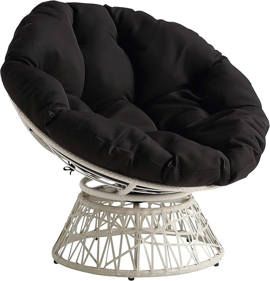 OSP Home Furnishings Wicker Papasan Chair with 360-Degree Swivel Cream Frame with Black Cushion