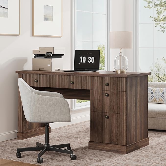 GarveeHome 54 Home Office Desk Fluted Executive Desk with File Drawers Wooden Computer Desk with Charging Station for Study Room-Brown