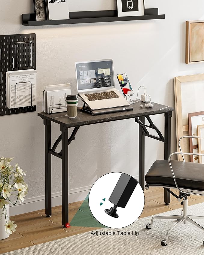 Frylr Small Folding Computer Desk – 35.8 Inch Portable Table for Craft and Study Lightweight Desk for Small Spaces Foldable Laptop Table Built-in AC/USB Outlets for Convenience Marble Greige