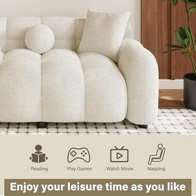 Boucle Sofa Couch 87.3 Modern Tufted Upholstered Teddy 3 Seater Sofa with 4 Pillows Sherpa Deep Seat Cloud Couch Comfy Loveseat Oversized Sofas for Living Room Apartment Beige White